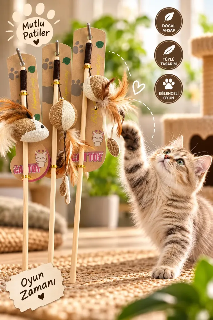 Ahşap Kedi Oltası Naturel Renk Tüylü Top