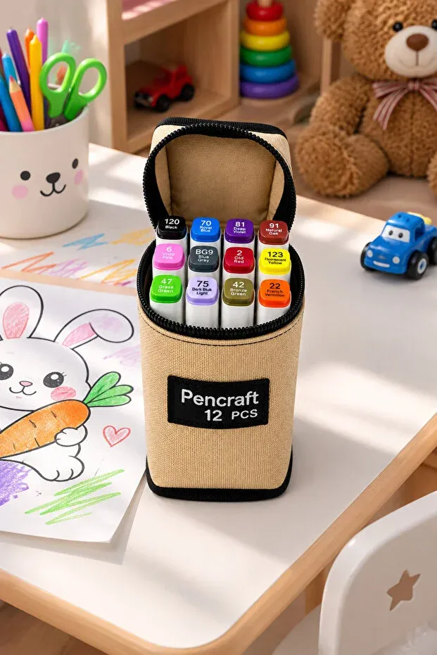 [PEN-013] 12 Li Set Bej Çantalı Beyaz Marker Kalem *112