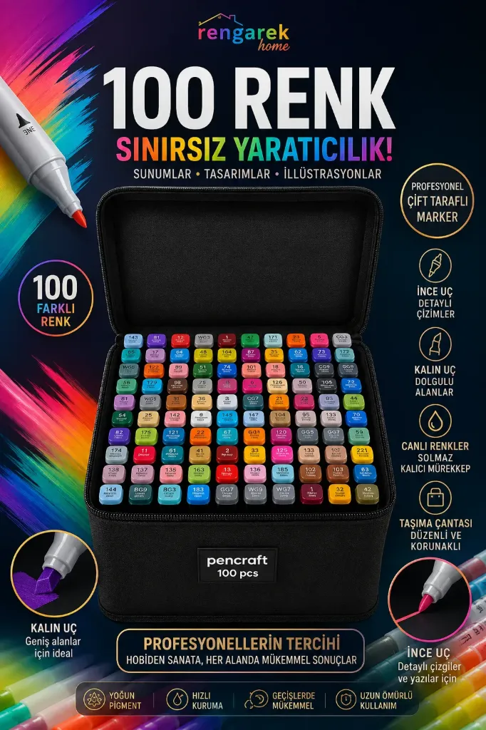 [PEN-009] 100 Lü Set Çantalı Black Marker Kalem *12