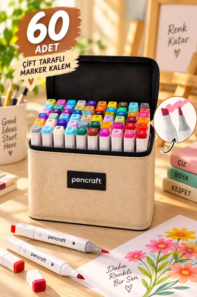 60'lı Set Bej Çantalı Beyaz Marker Kalem Seti