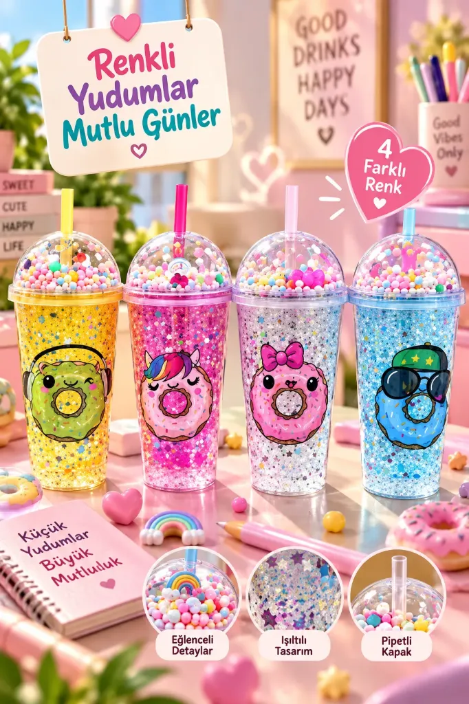 [MOS-106] Sevimli Donut Figürlü Pipetli Matara