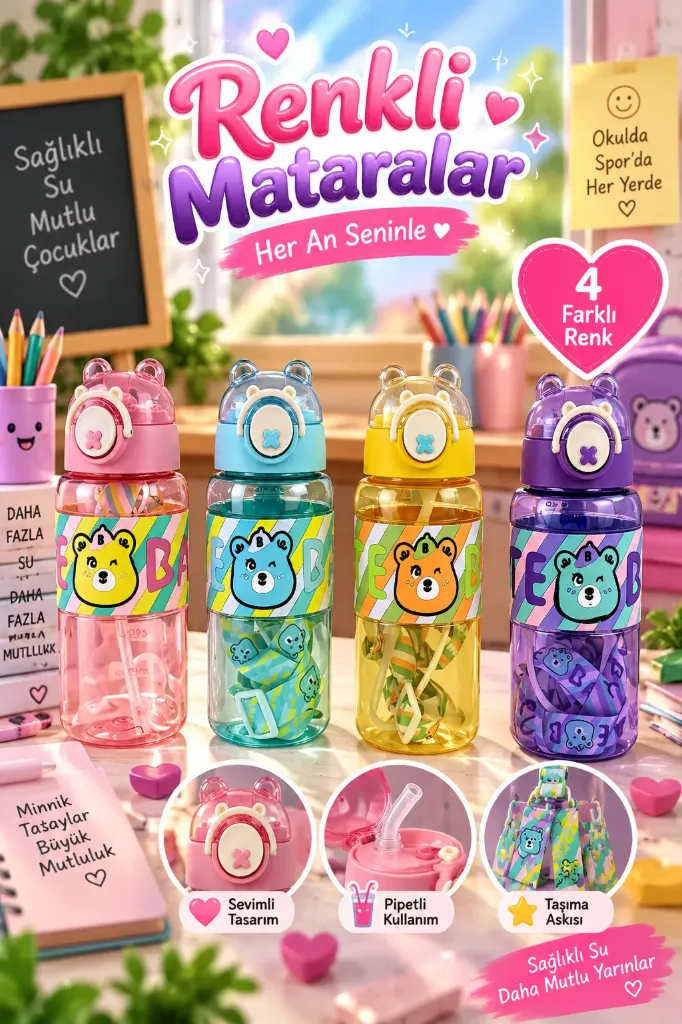 [MOS-115] Sevimli Ayı Figürlü Askılı Pipetli Matara