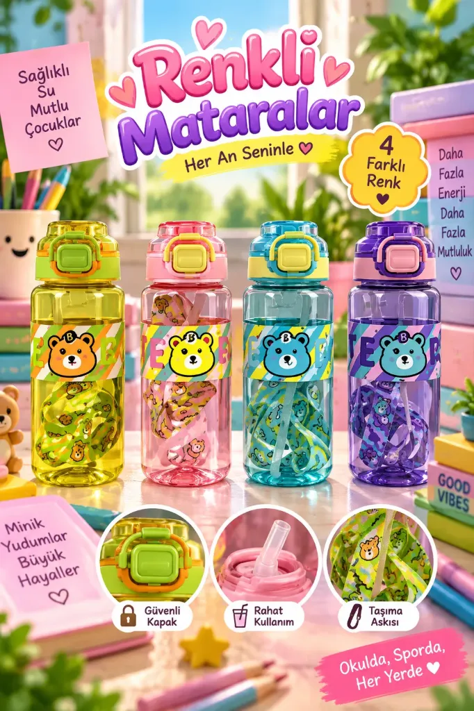 [MOS-116] Sevimli Figürlü Askılı Pipetli Matara