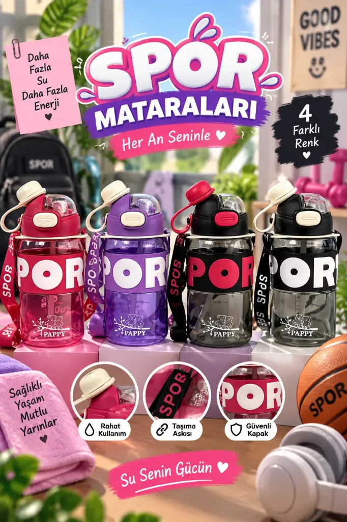 [MOS-118] Sevimli Figürlü Askılı Pipetli Spor Matara