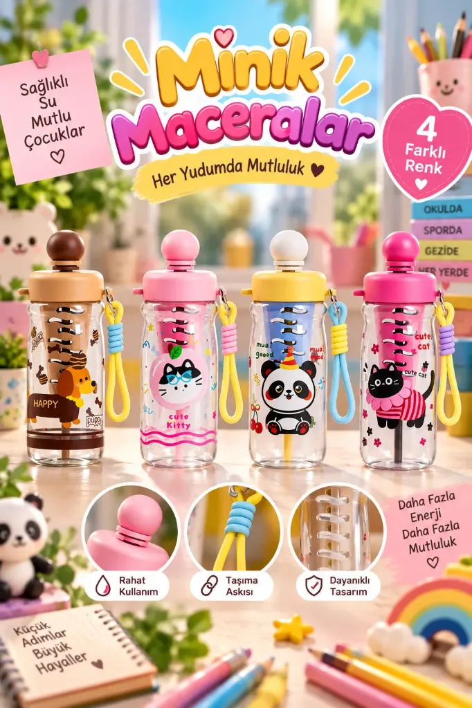 [MOS-121] Sevimli Figürlü Askılı Pipetli Matara