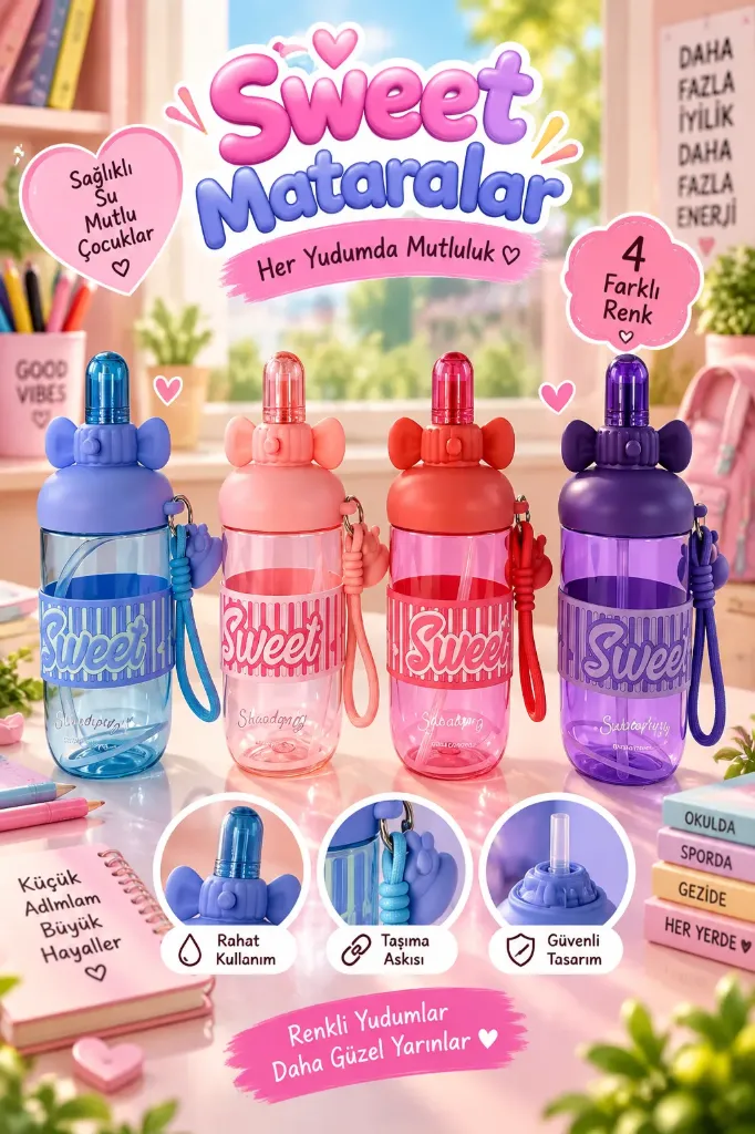 [MOS-124] Sevimli Figürlü Askılı Sweet Pipetli Matara