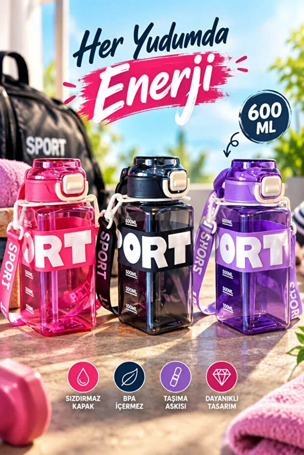[MOS-125] 600ml Ölçü Dereceli Kare Spor Matara Pipetli Askılı Sızdırmaz Kapaklı BPA İçermeyen Su Şişesi