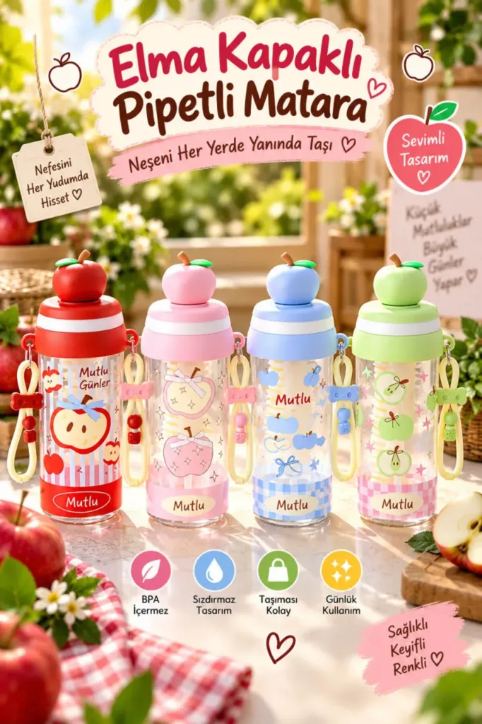 650ml Detoks Elma Kapaklı Pipetli Matara Fiyonk Askılı Sızdırmaz Su Şişesi Suluk