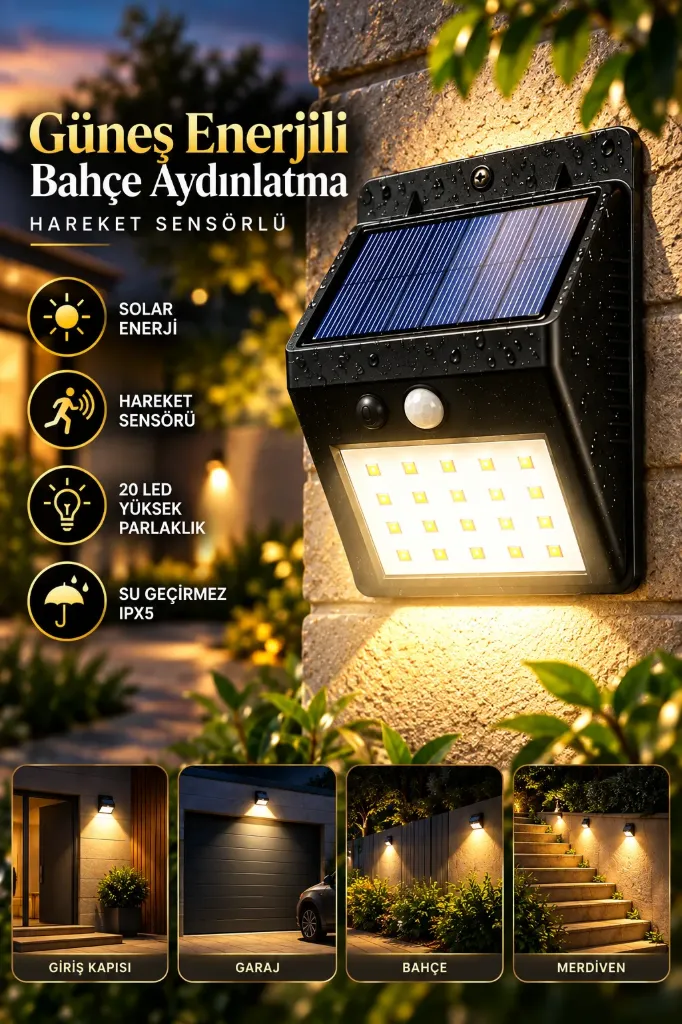 Hareket Sensörlü 20 Led Solar