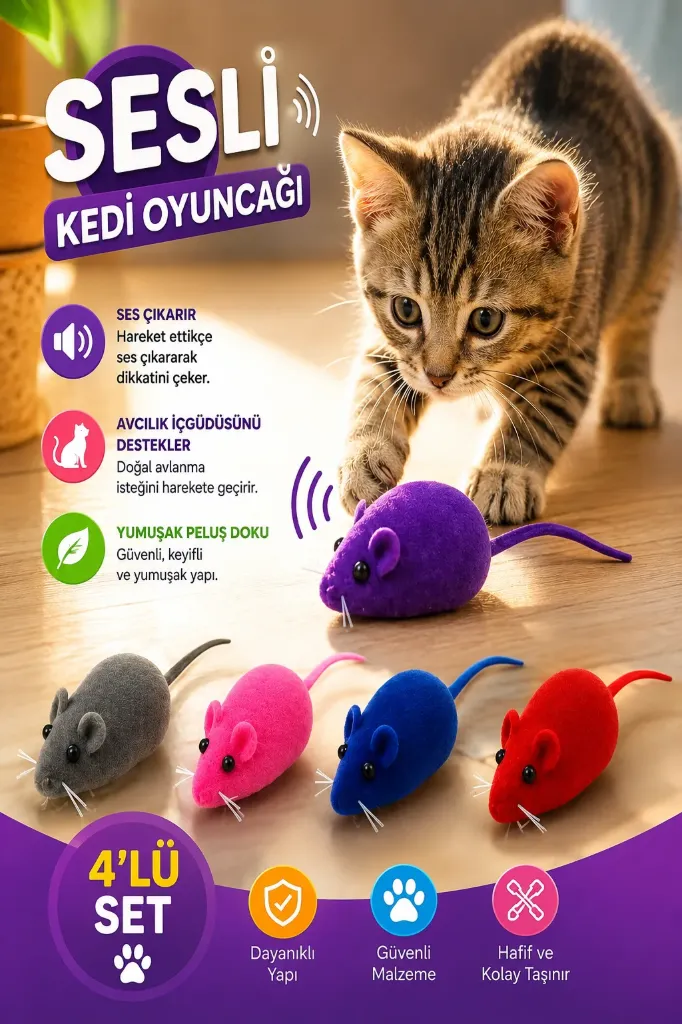 4 Lü Set Sesli Fare Kedi Oyuncağı