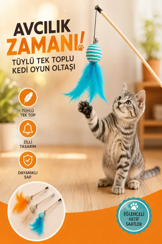 Plastik Kedi Oyun Oltası Tüylü Toplu