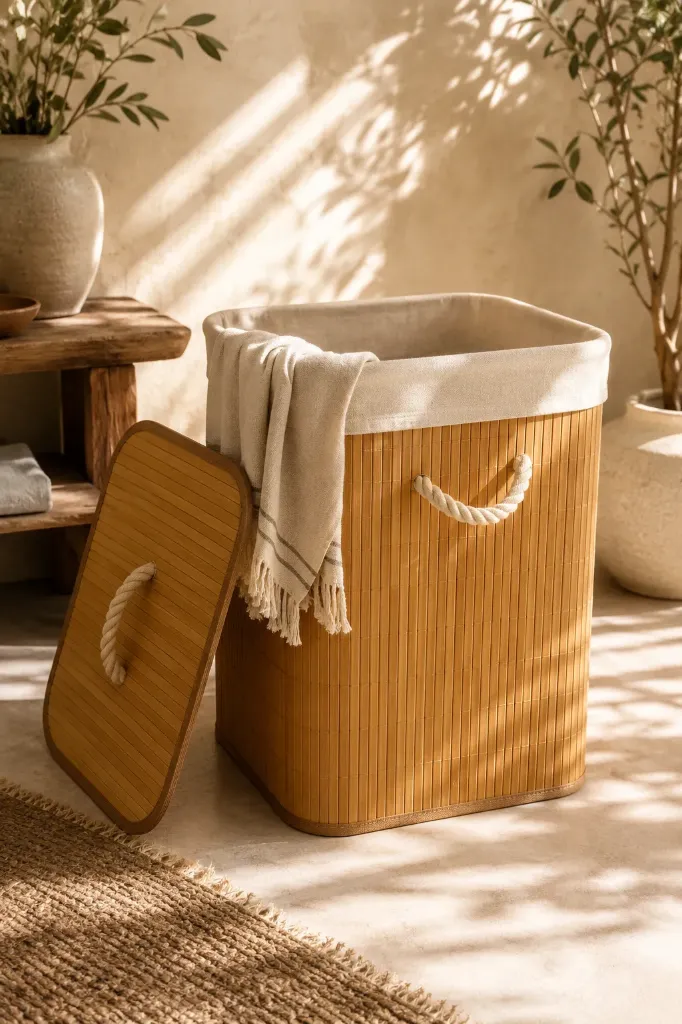 Katlanabilir Bambu Çamaşır Sepeti Kare 41x31x50