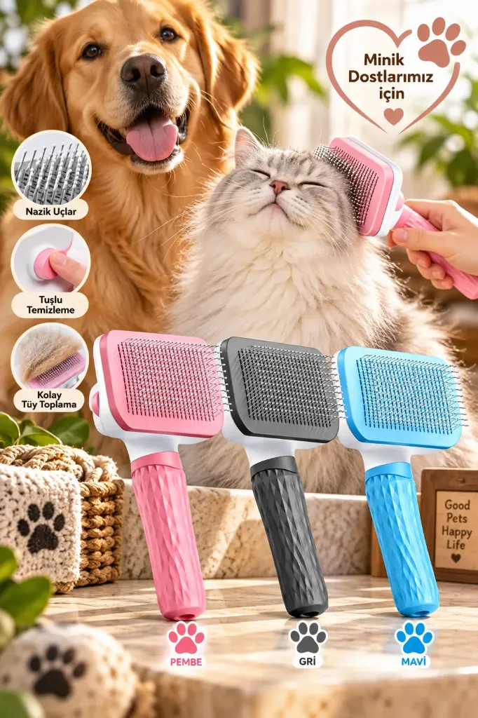 Kedi & Köpek Tuşlu Tarak Büyük Boy Kare 3 Renk