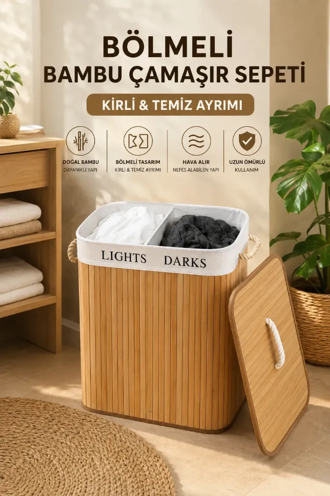 [FBS-695] Bambu Kirli Temiz Bölmeli Çamaşır Sepeti 32x52x60 *12