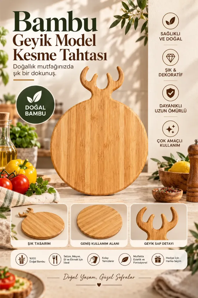 Bambu Geyik Model Kesme Tahtası Yuvarlak
