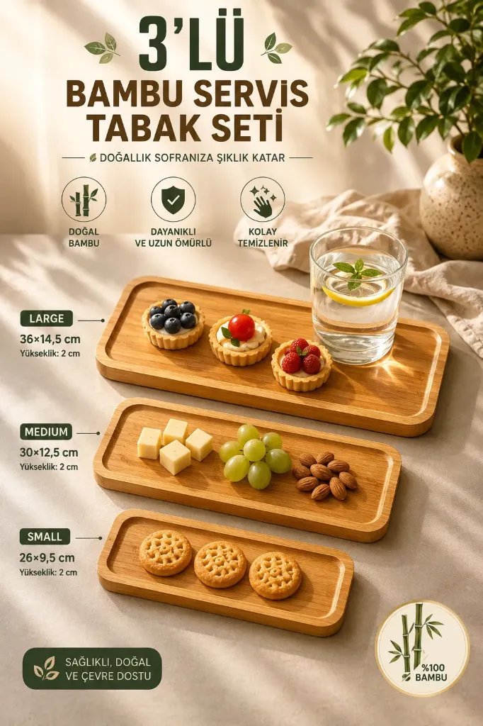 Bambu 3 Lü Dikdörtgen Tabak Set  *16