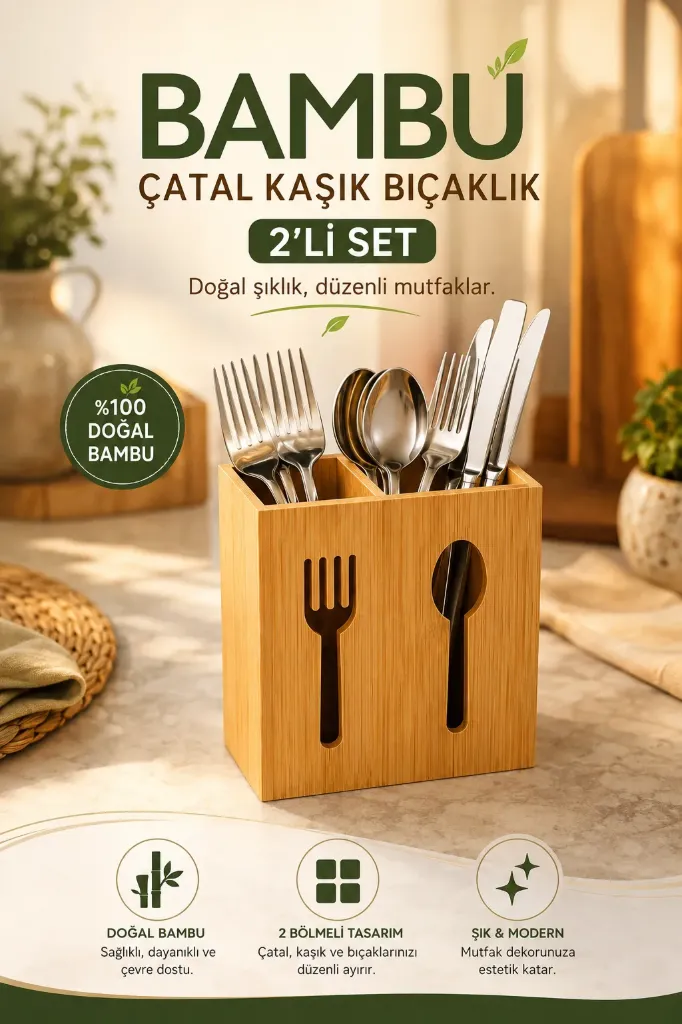Bambu Çatal Kaşık Bıçaklık 2 Li Set