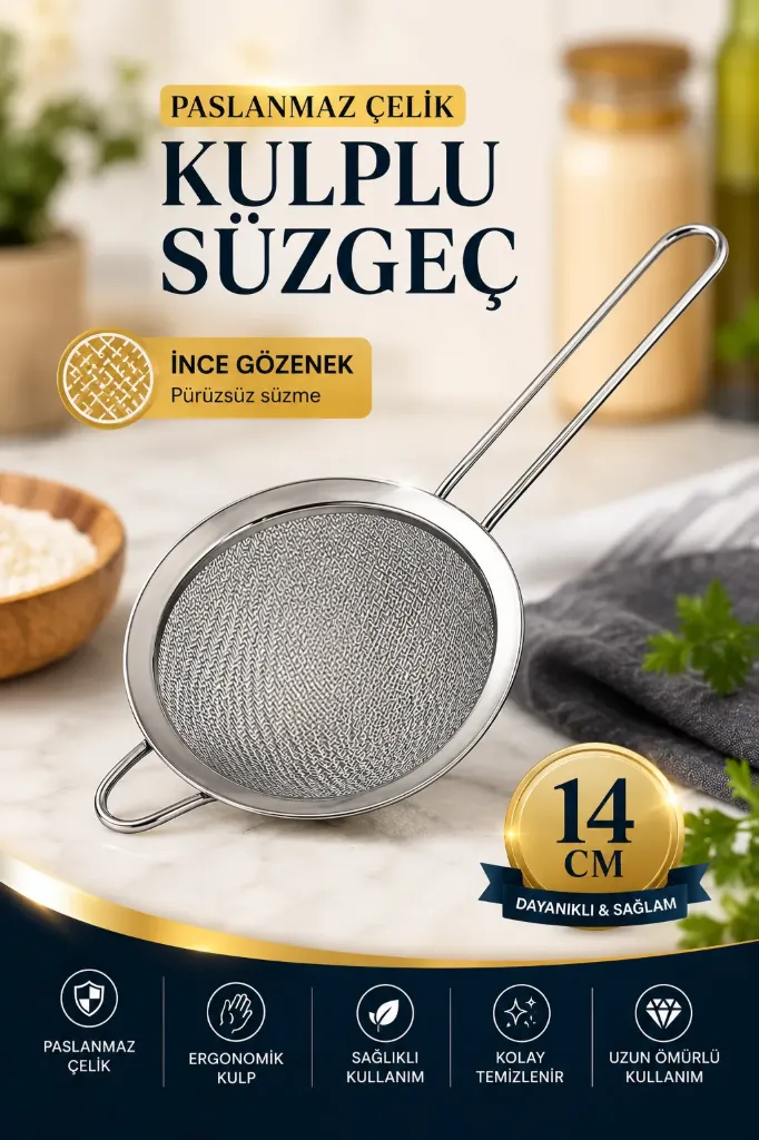 Paslanmaz Çelik Kulplu Süzgeç 14 Cm