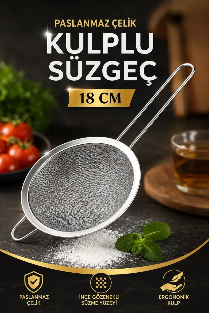 Paslanmaz Çelik Kulplu Süzgeç 18 Cm