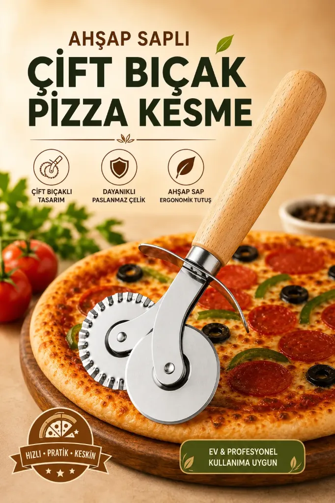 Ahşap Saplı Çift Bıçak Pizza Kesme