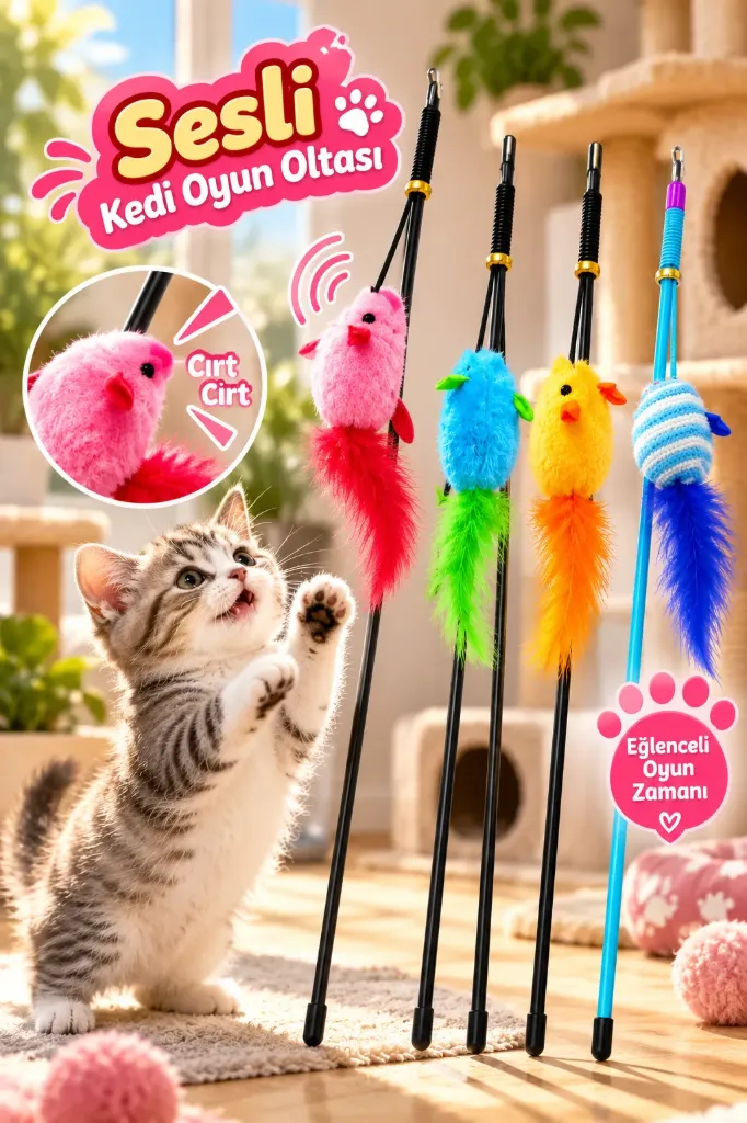 Plastik Kedi Oyun Oltası Sesli Fare