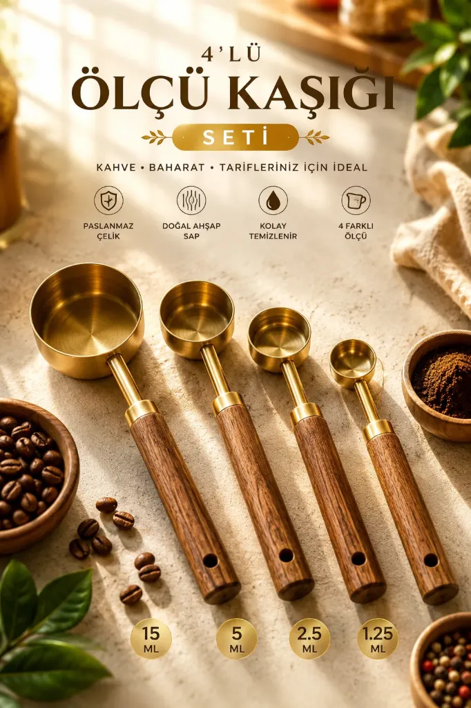 4 Lü Ölçü Kaşığı Bambu Saplı Küçük *48